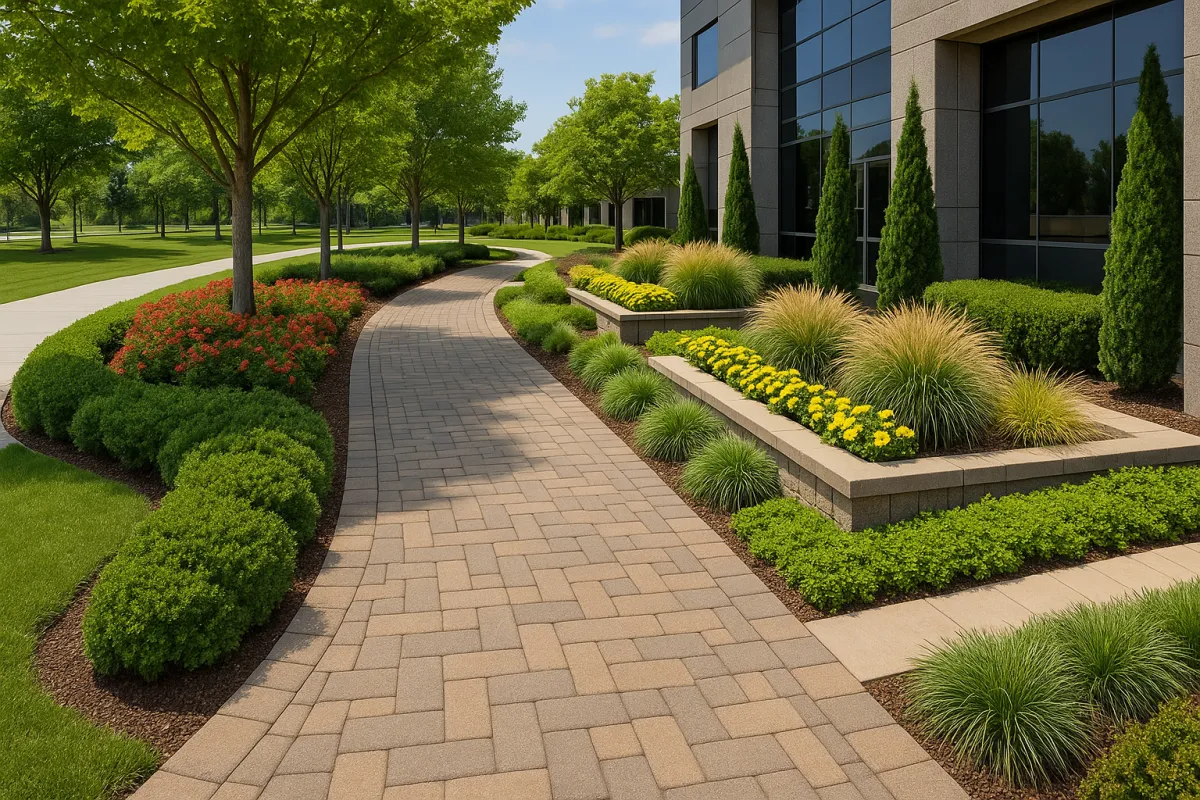 Paver walkway with shrubs and daylilies